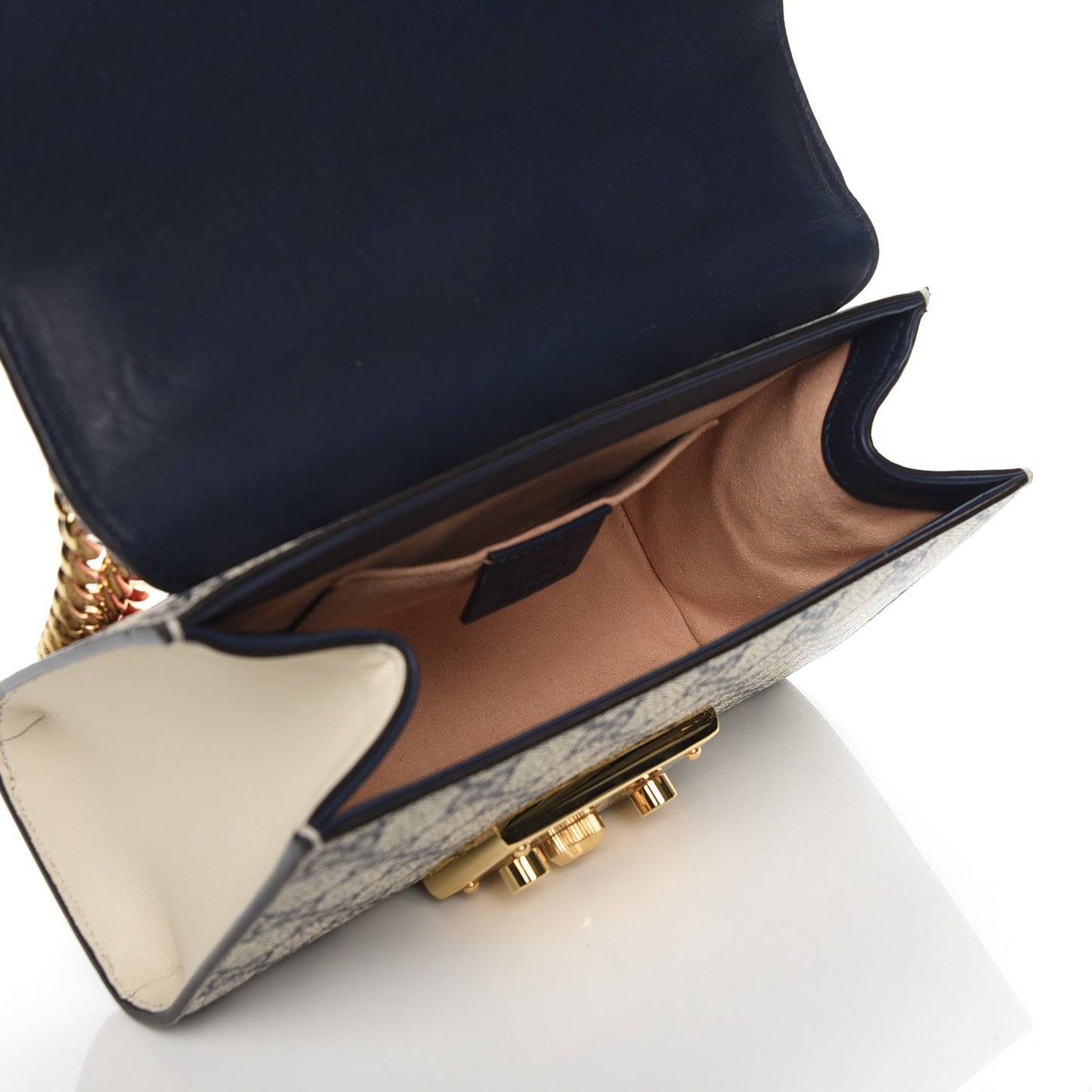 GG Supreme Monogram Moon Calfskin Small Padlock Shoulder Bag Beige Blue Mystic White Hibiscus Red