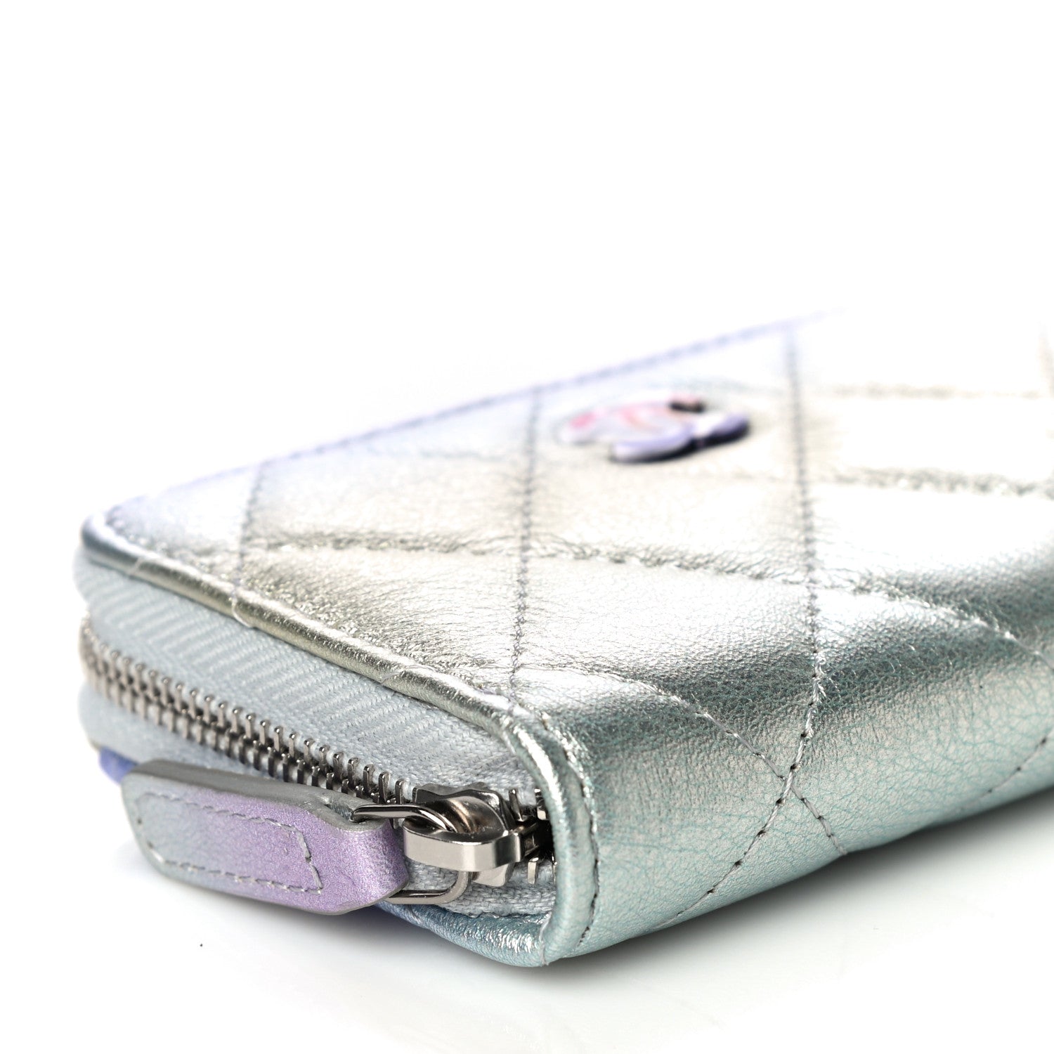 Chanel Gradient Metallic Calfskin Quilted Zip Around Coin Purse Wallet Silver Blue Yellow Purple 12 of 13
