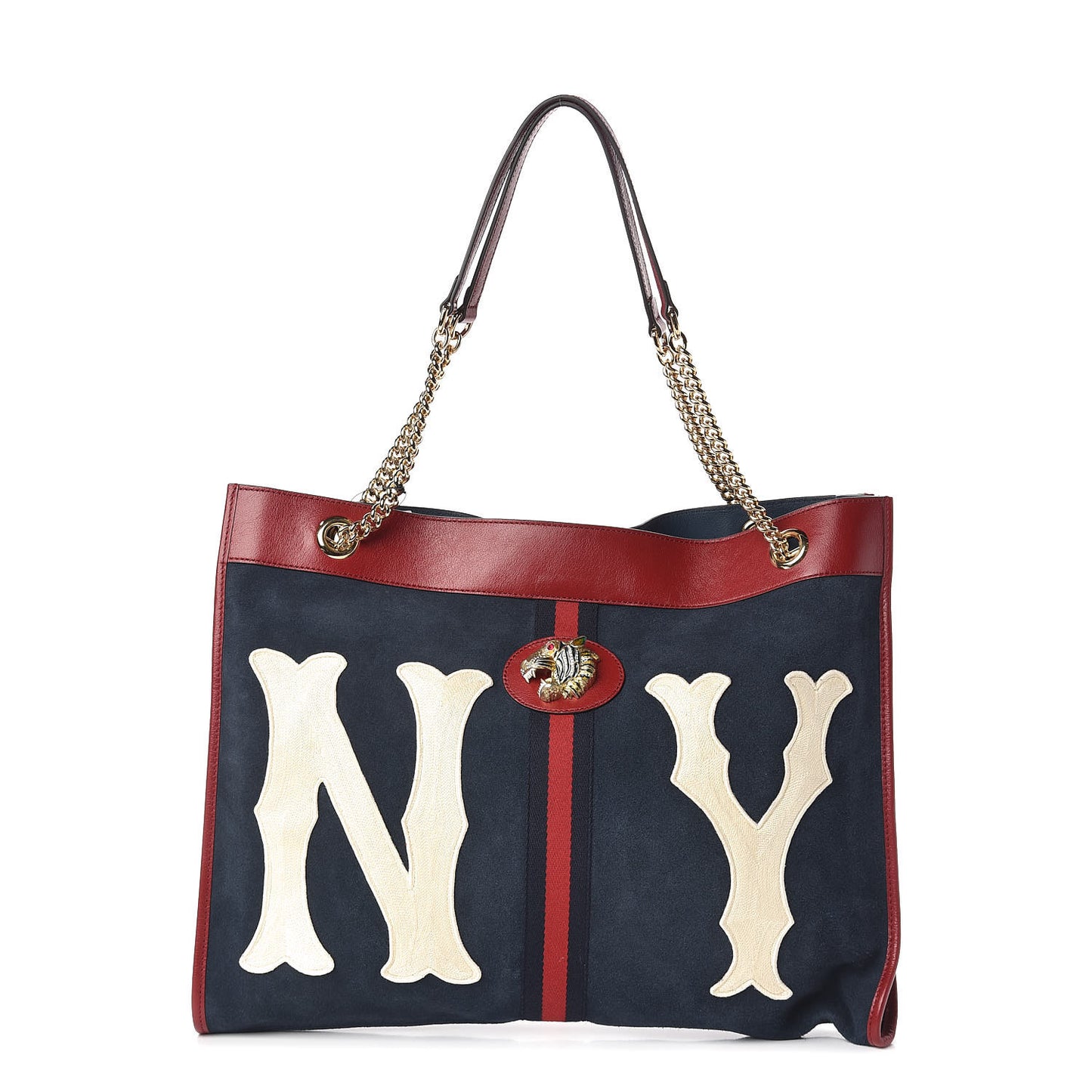 X MLB Suede Calfskin NY Yankees Large Rajah Chain Tote New Blue Romantic Cherry