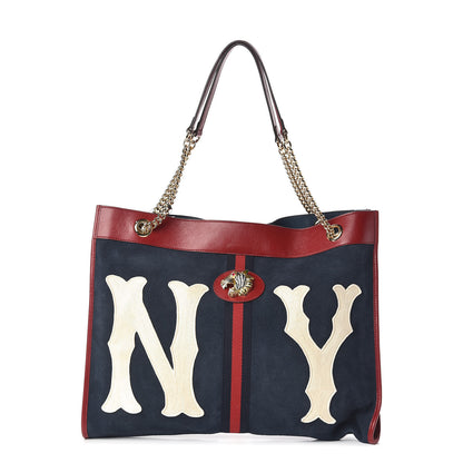 Gucci X MLB Suede Calfskin NY Yankees Large Rajah Chain Tote New Blue Romantic Cherry 1 of 10