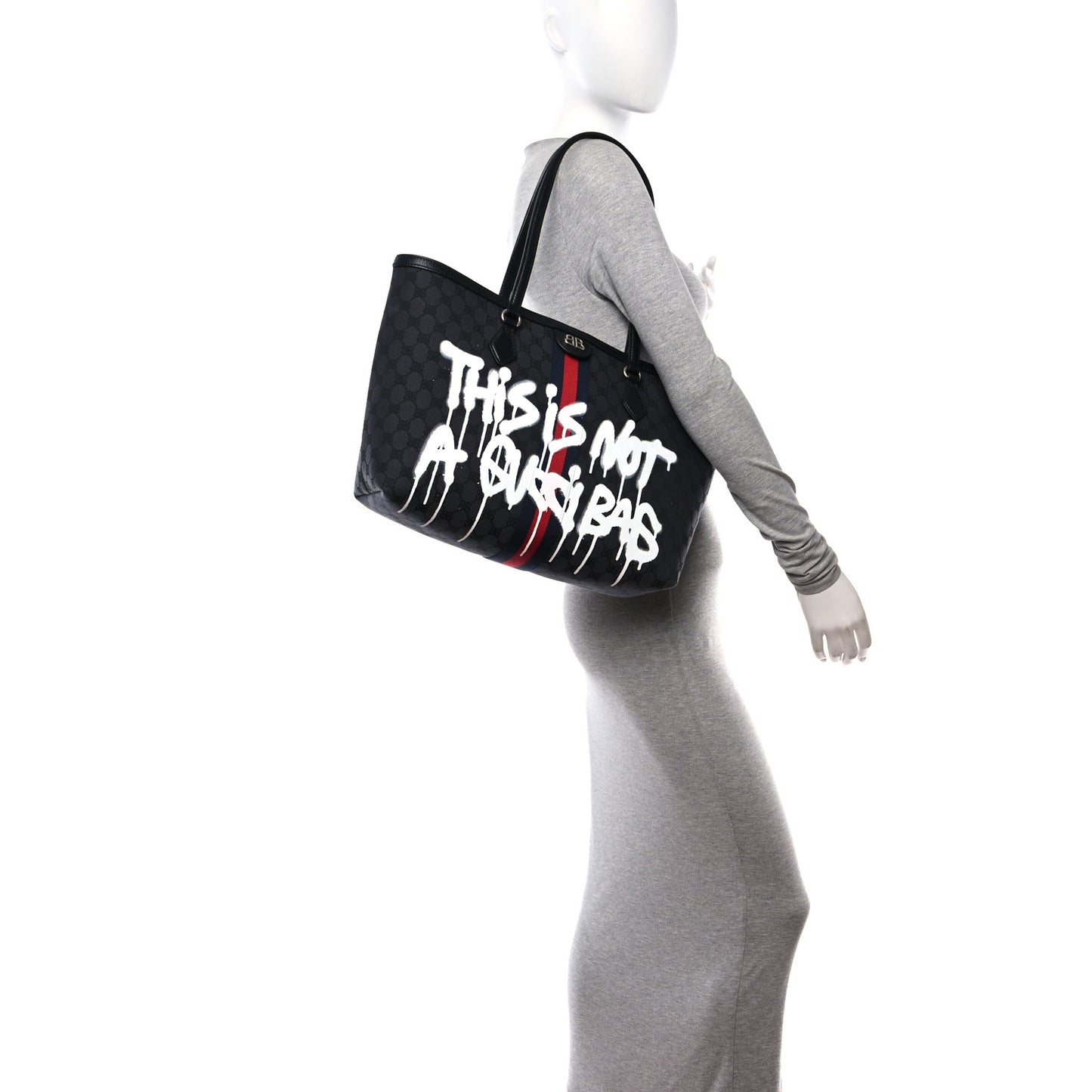 X BALENCIAGA BB Monogram Web Graffiti Medium Ophidia Shopping Tote Black