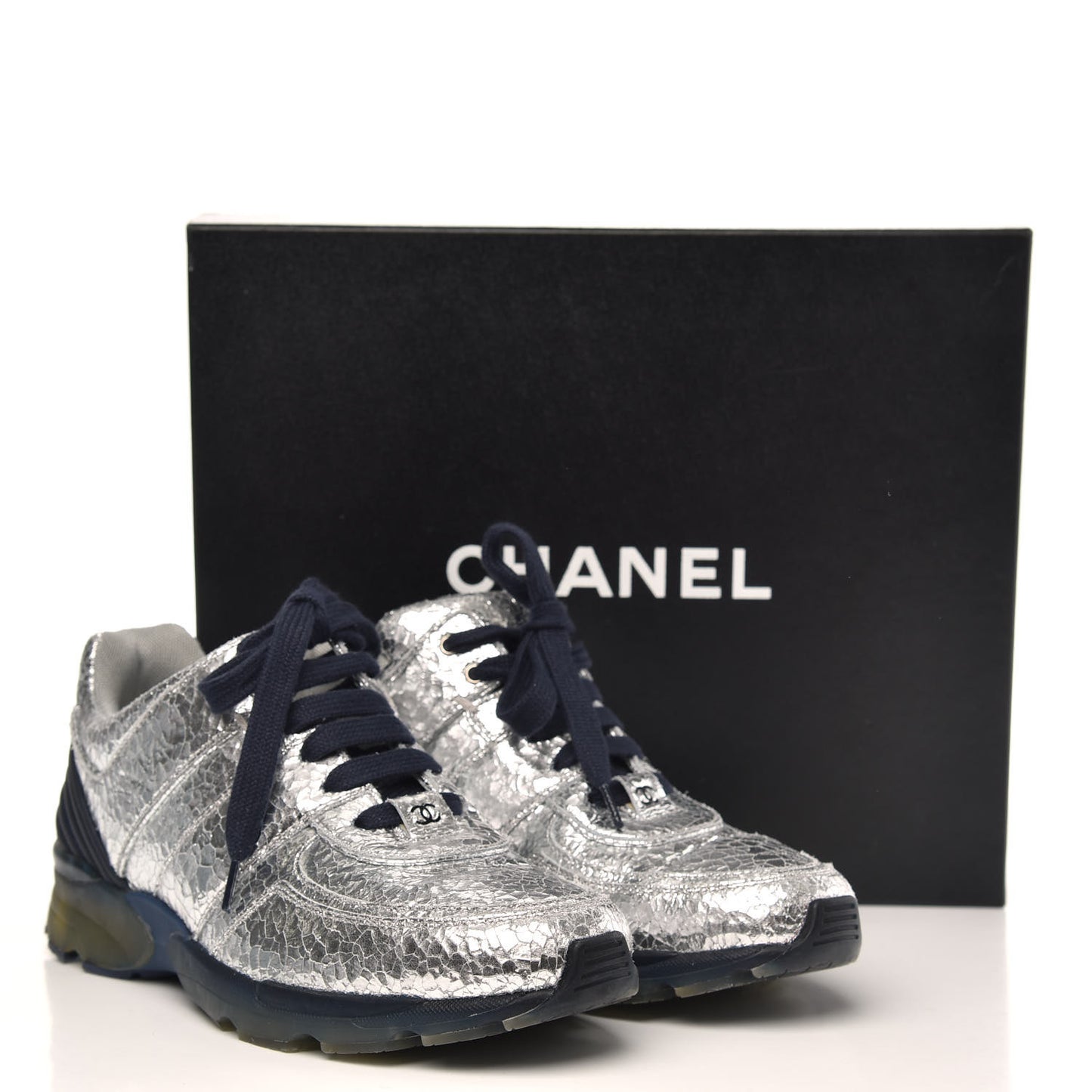 Metallic Crackled Calfskin CC Sneakers 39 Silver