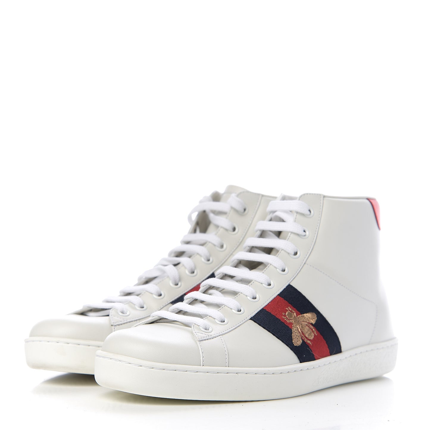 Calfskin Miro Soft Web Bee Embroidered Mens Ace High Top Sneakers 8 White