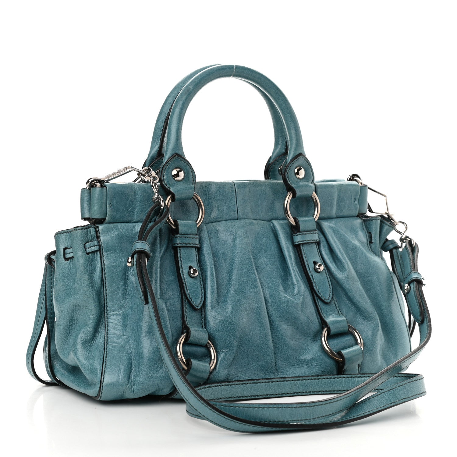 Miu Miu Vitello Lux Gathered Tote Azzurro 3 of 11