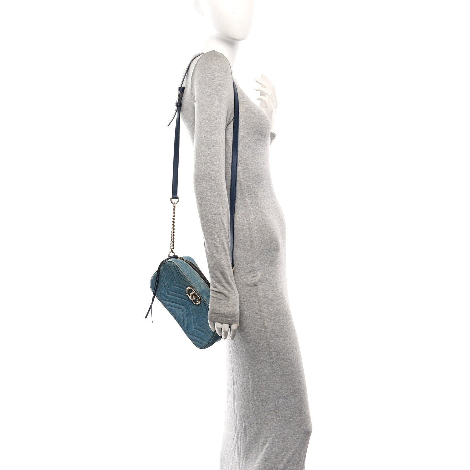 Gucci Denim Matelasse Small Pearly GG Marmont Chain Shoulder Bag Blue 2 of 11