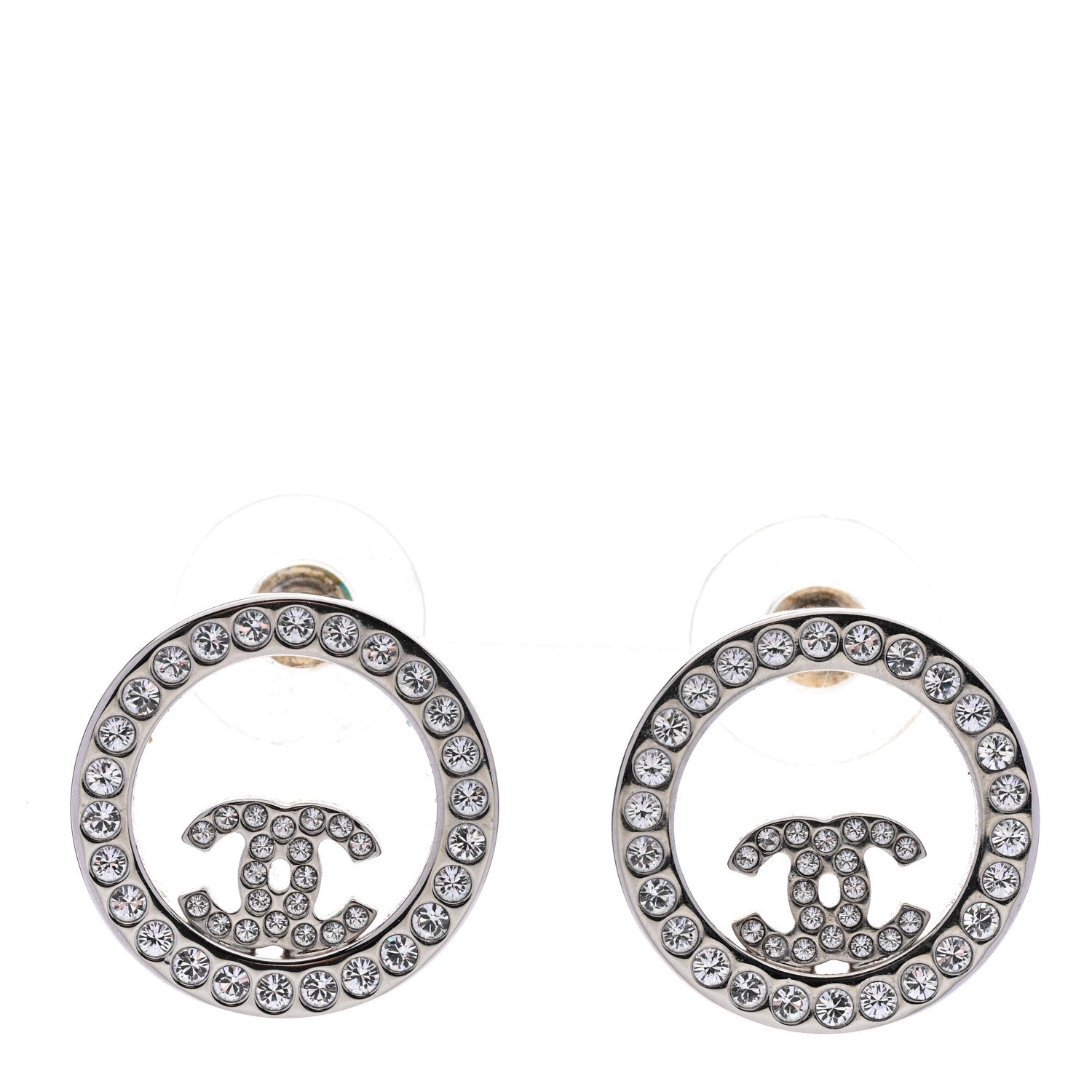 Chanel Crystal CC Round Earrings Silver 1 of 5