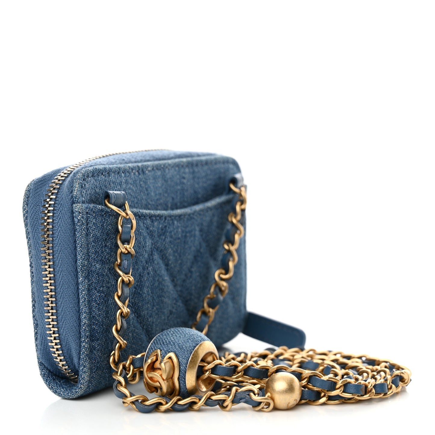 Denim Quilted CC Pearl Crush Zip Card Holder On Chain Blue