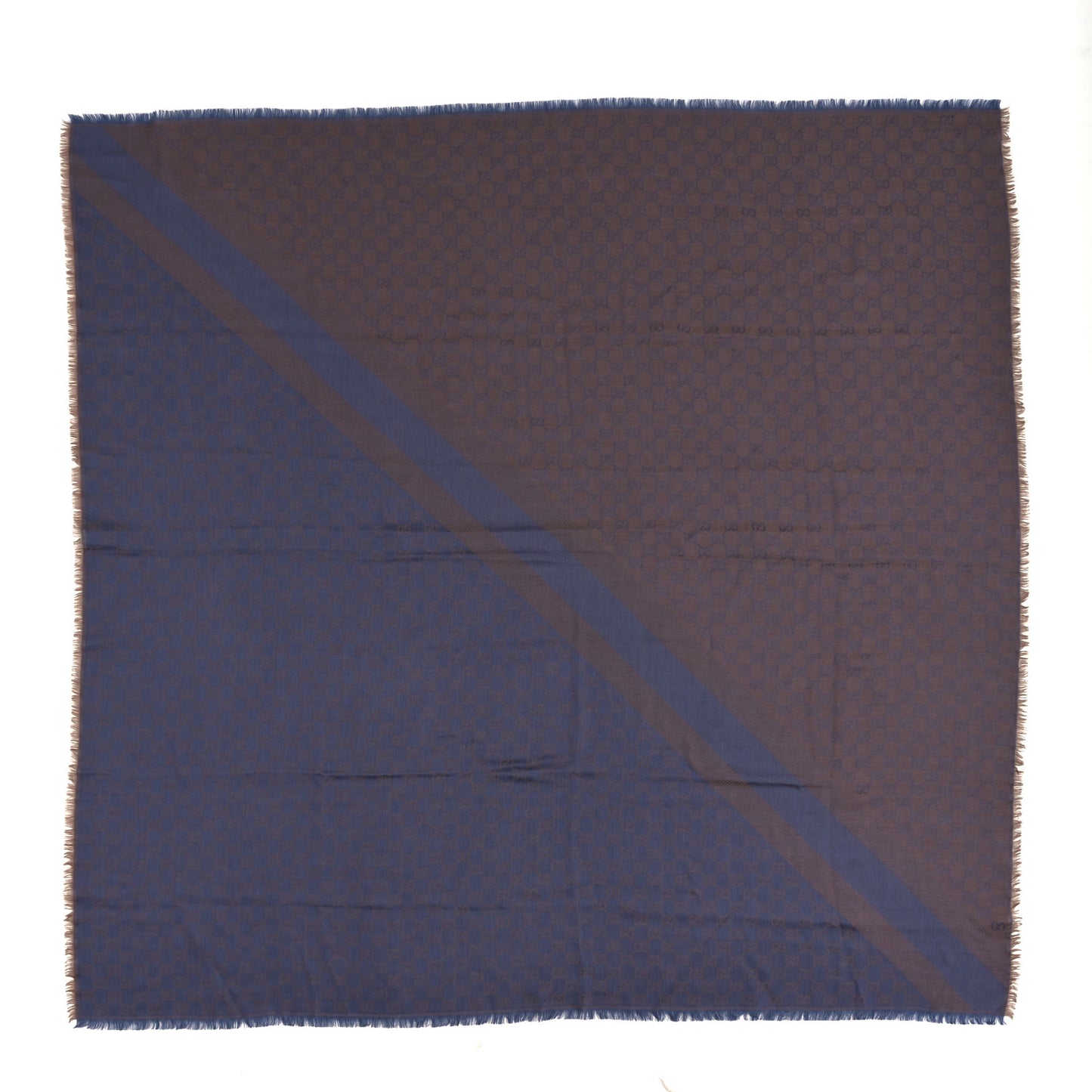 Wool Silk Monogram GGWeb Fringe Shawl Taupe Sky Blue