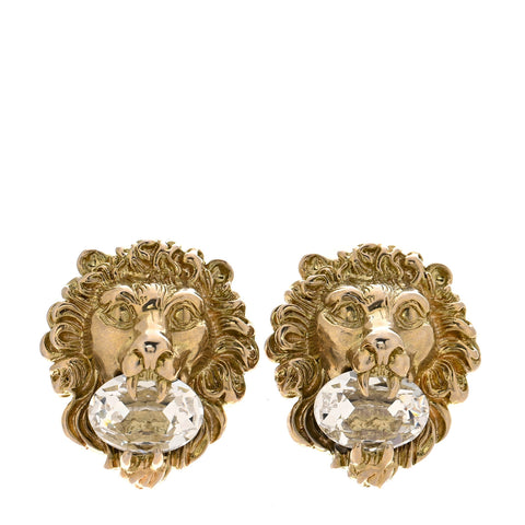 Crystal Lion Head Clip On Earrings Aged Gold