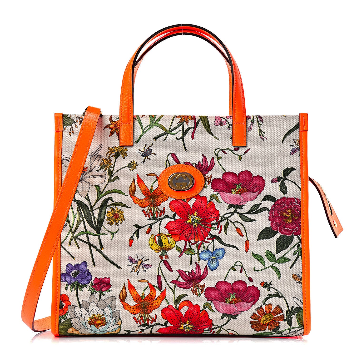 Gucci Canvas Medium Flora Tote White Multicolor Orange Fluo 1 of 9