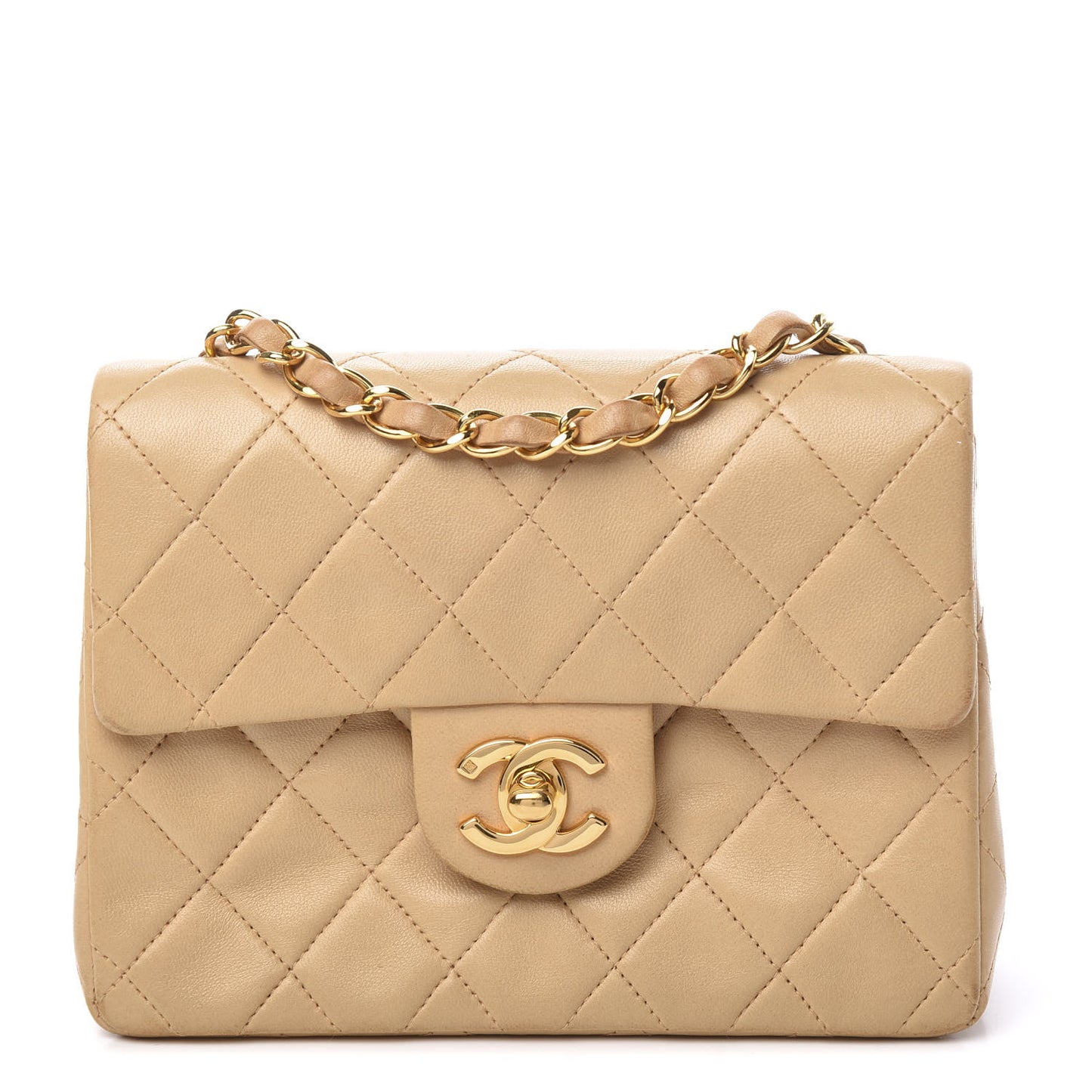 Lambskin Quilted Mini Square Flap Beige