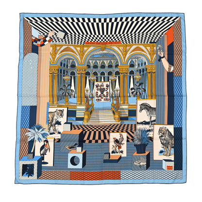 Hermes Cashmere Silk Grand Theatre Nouveau Shawl 140 Bleu Gold White 1 of 5