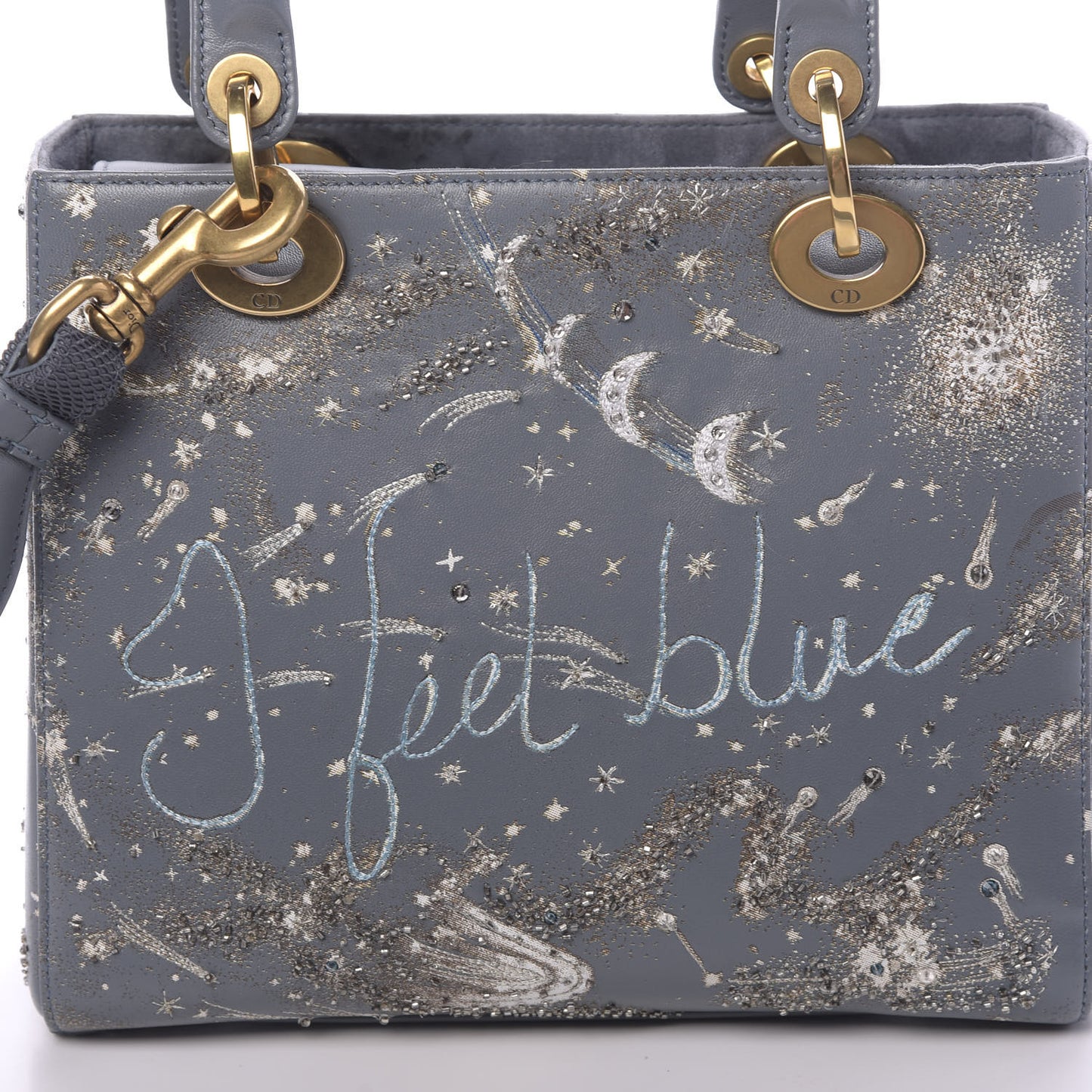 Smooth Calfskin Embroidered I Feel Blue Medium Lady Dior