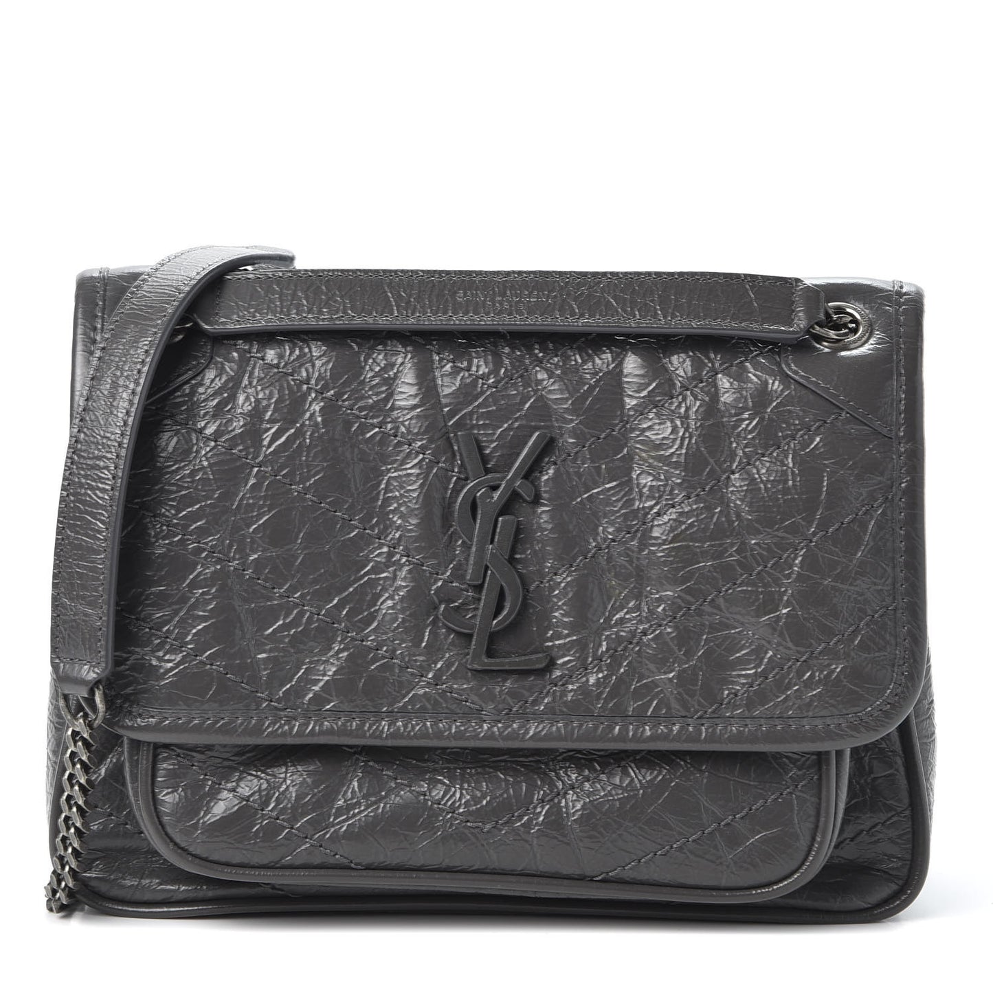 Crinkled Calfskin Matelasse Monogram Baby Niki Chain Satchel Storm