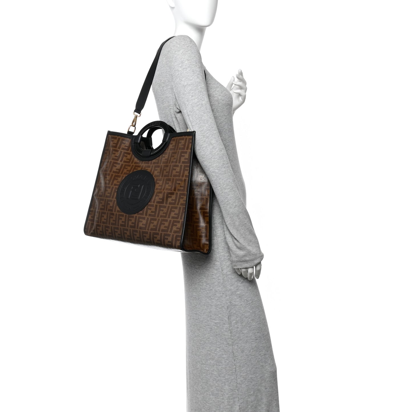 Glazed Fabric Vitello Century Plexiglass FF 1974 Stamp Patch Medium Runaway Shopper Tote Mogano Panna Black