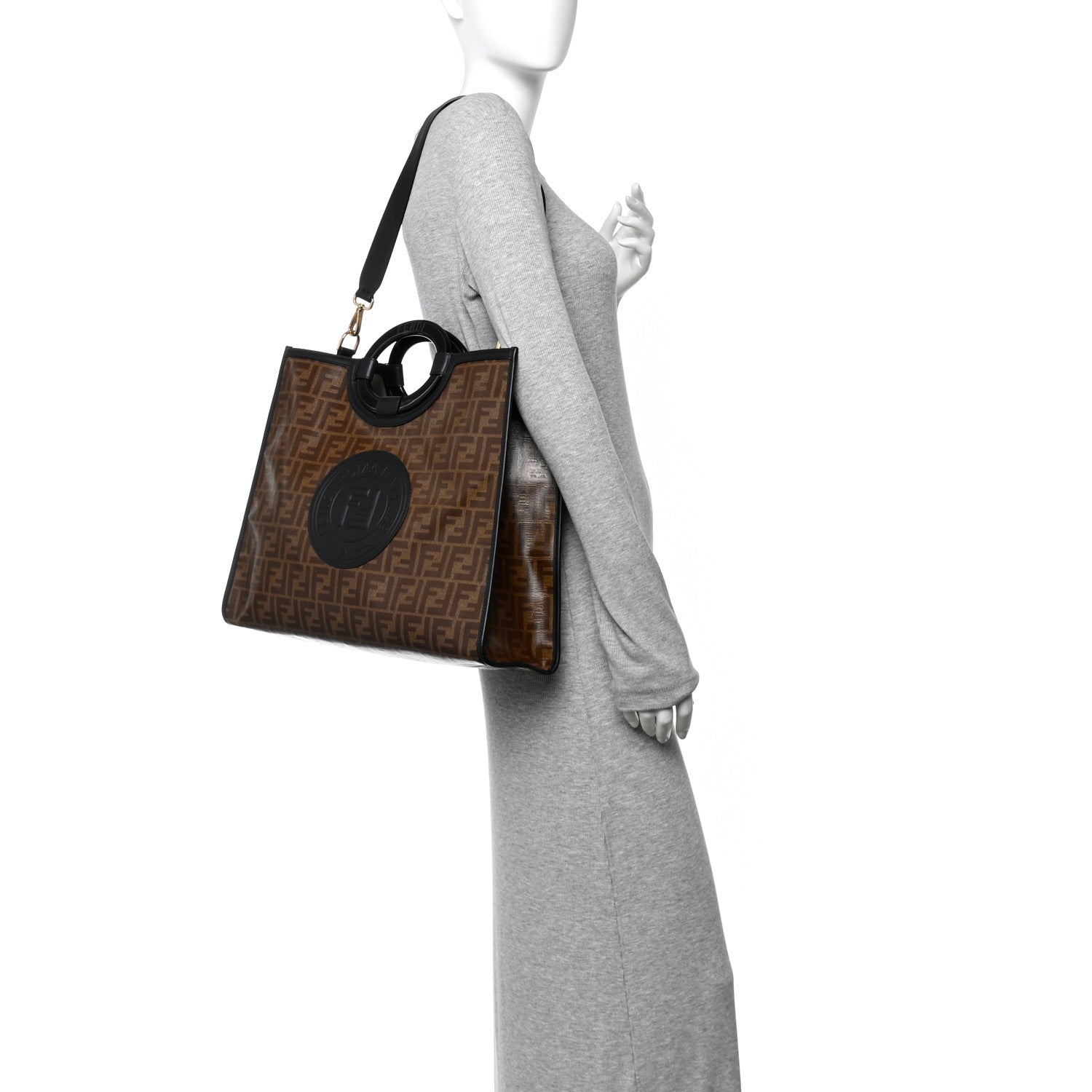 Fendi Glazed Fabric Vitello Century Plexiglass FF 1974 Stamp Patch Medium Runaway Shopper Tote Mogano Panna Black 2 of 10