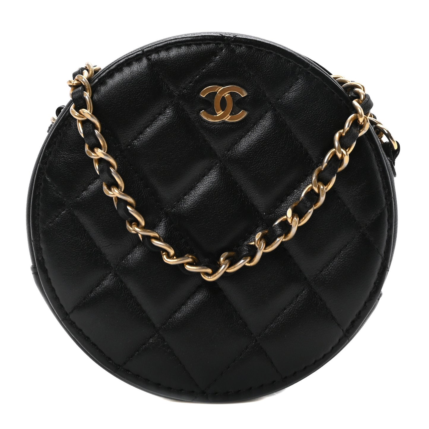 Lambskin Quilted Round Clutch With Chain Black