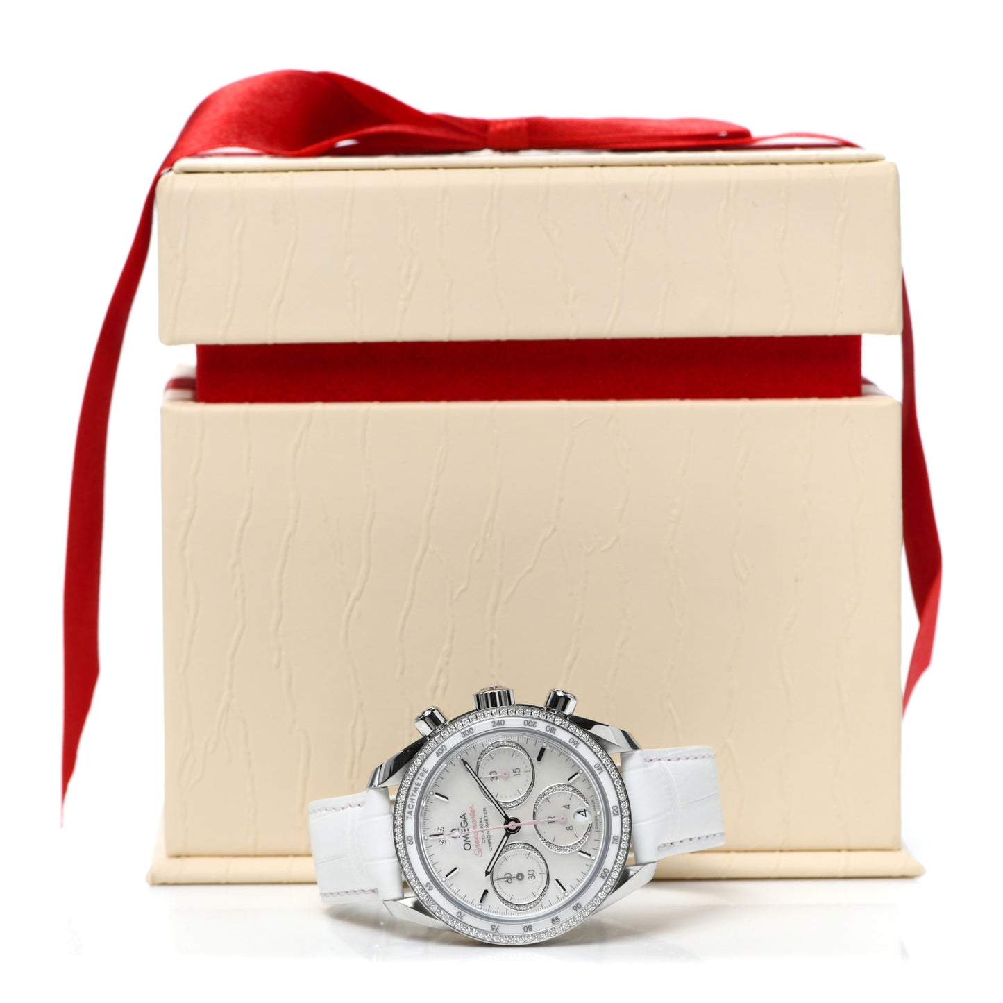 Stainless Steel Alligator Diamond Bezel Mother of Pearl 38mm Speedmaster Chronograph Automatic Watch White 324.38.38.50.55.001