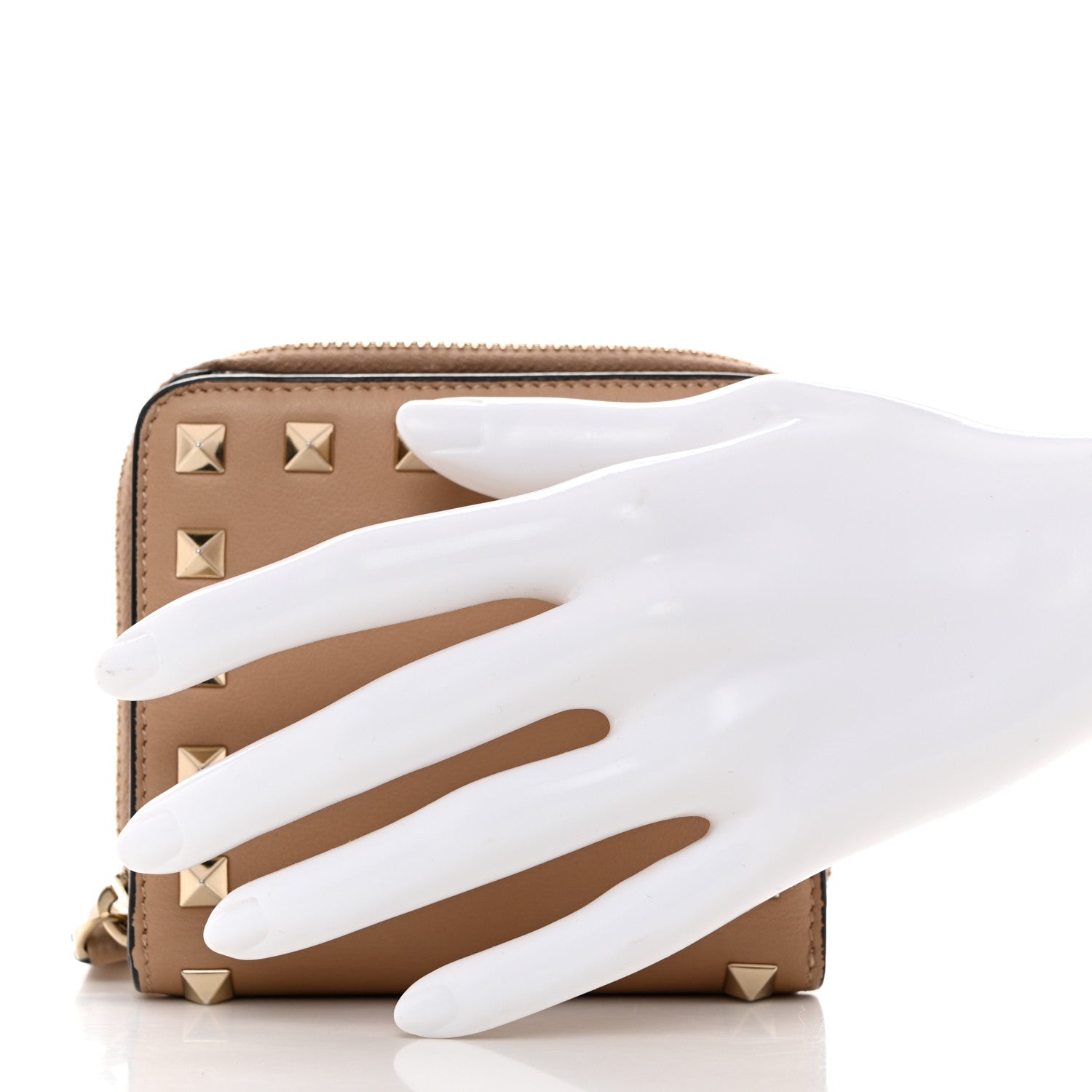 Valentino Garavani Calfskin Rockstud Compact Zip Around Wallet Camel Rose 2 of 8