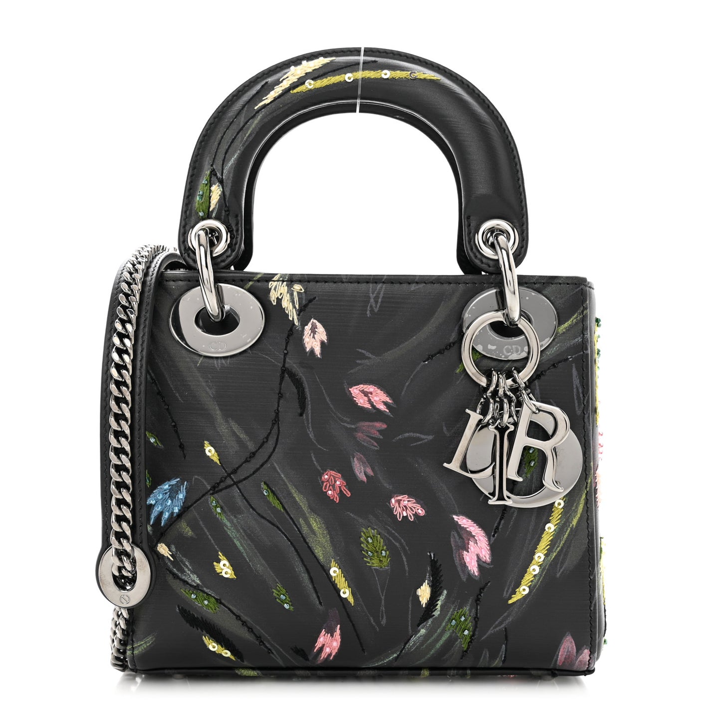 Cowhide Beaded Organza Embroidered Floral Jia Lee Art Mini Lady Dior Black Multicolor