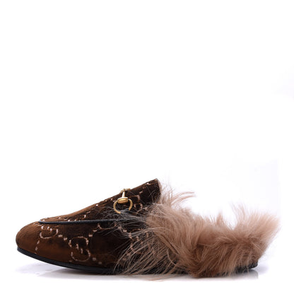 Gucci Velvet GG Monogram Fur Womens Princetown Slippers 35 Brown Black Natural 1 of 9