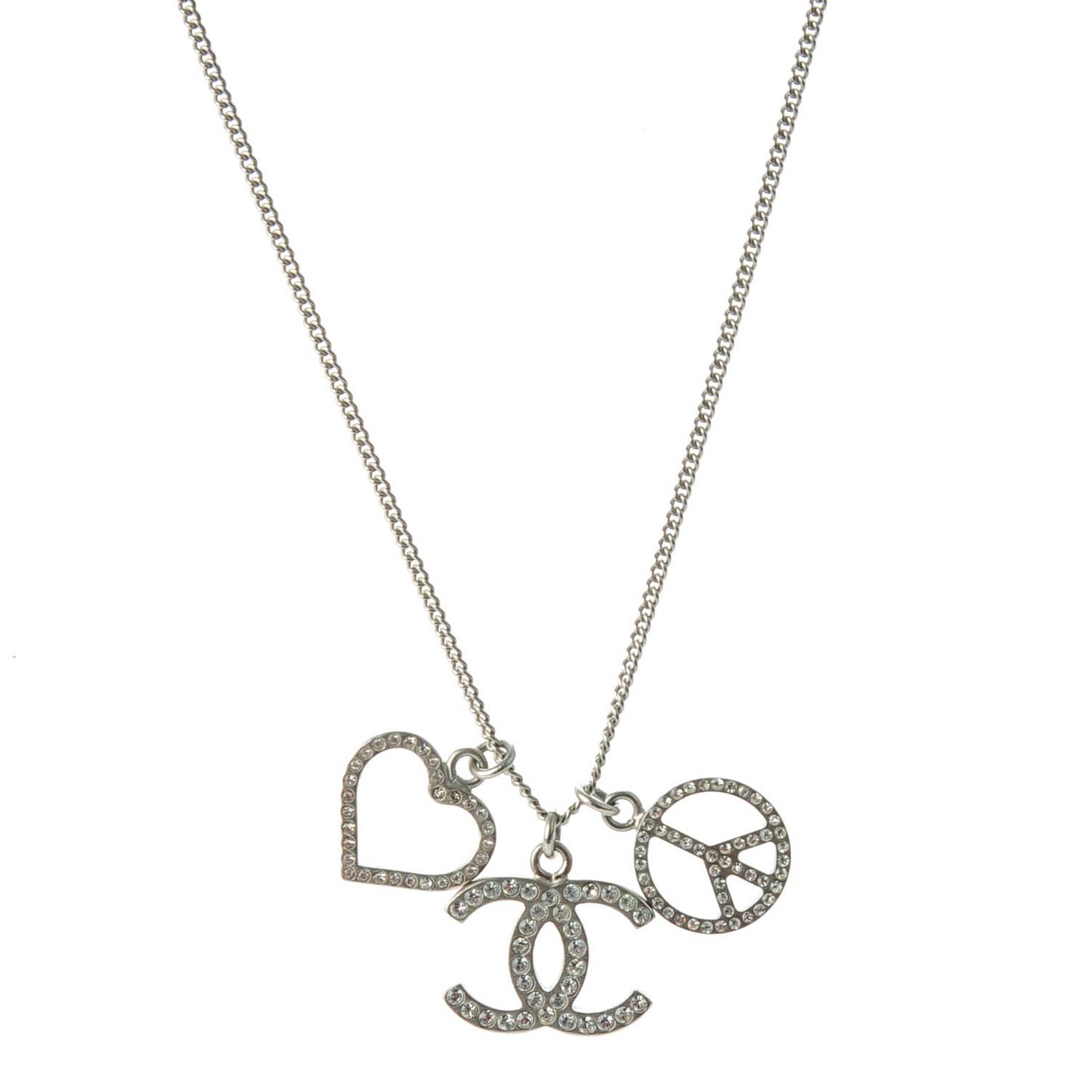 Crystal Heart Peace CC Charm Necklace Silver