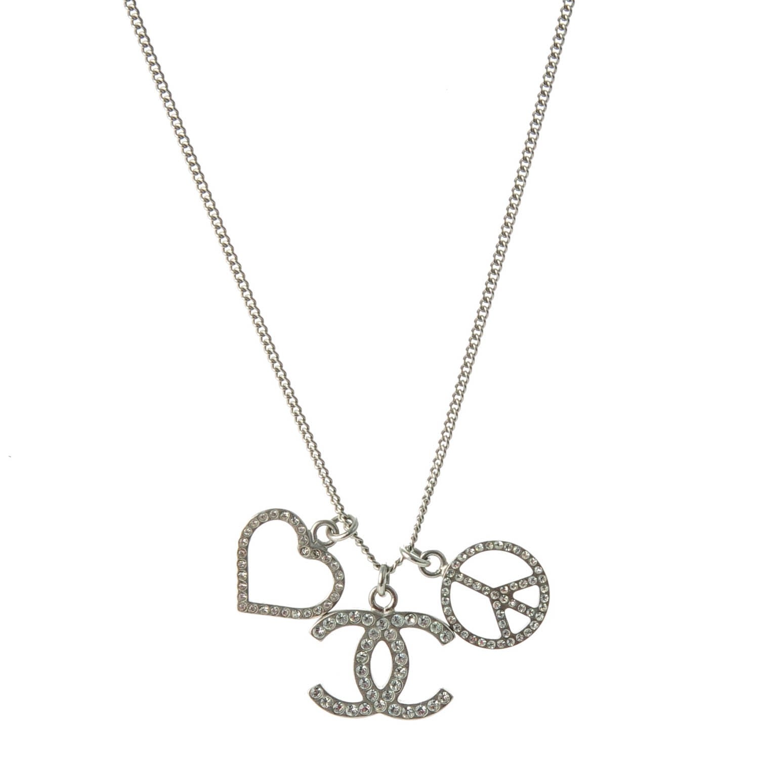 Chanel Crystal Heart Peace CC Charm Necklace Silver 1 of 4