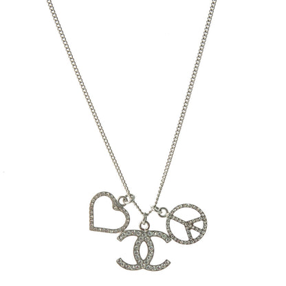 Chanel Crystal Heart Peace CC Charm Necklace Silver 1 of 4