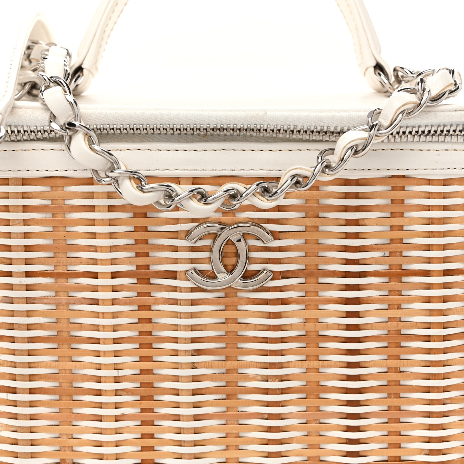 Chanel Glazed Calfskin Raffia Vanity Case Bag White Beige 8 of 12