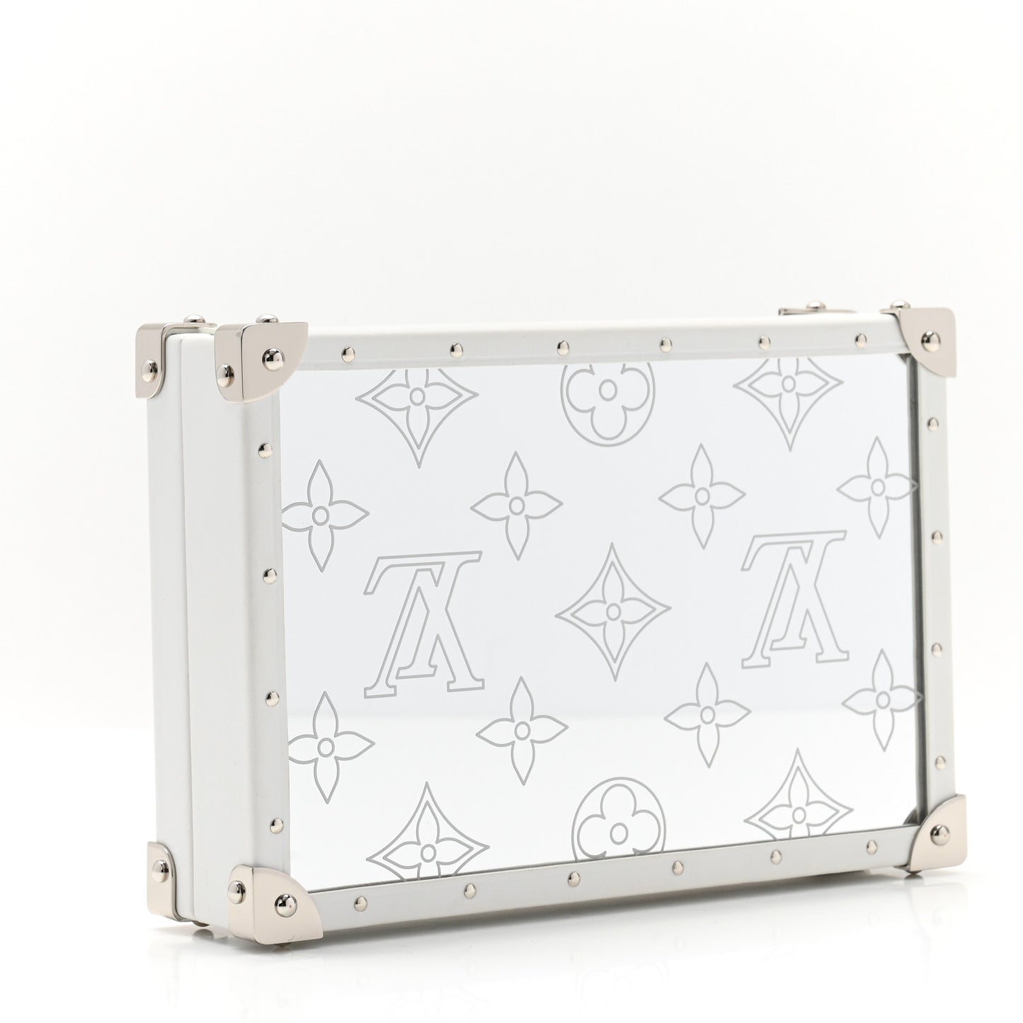 Calfskin Mirror Monogram Etched Jewelry Box Trunk White