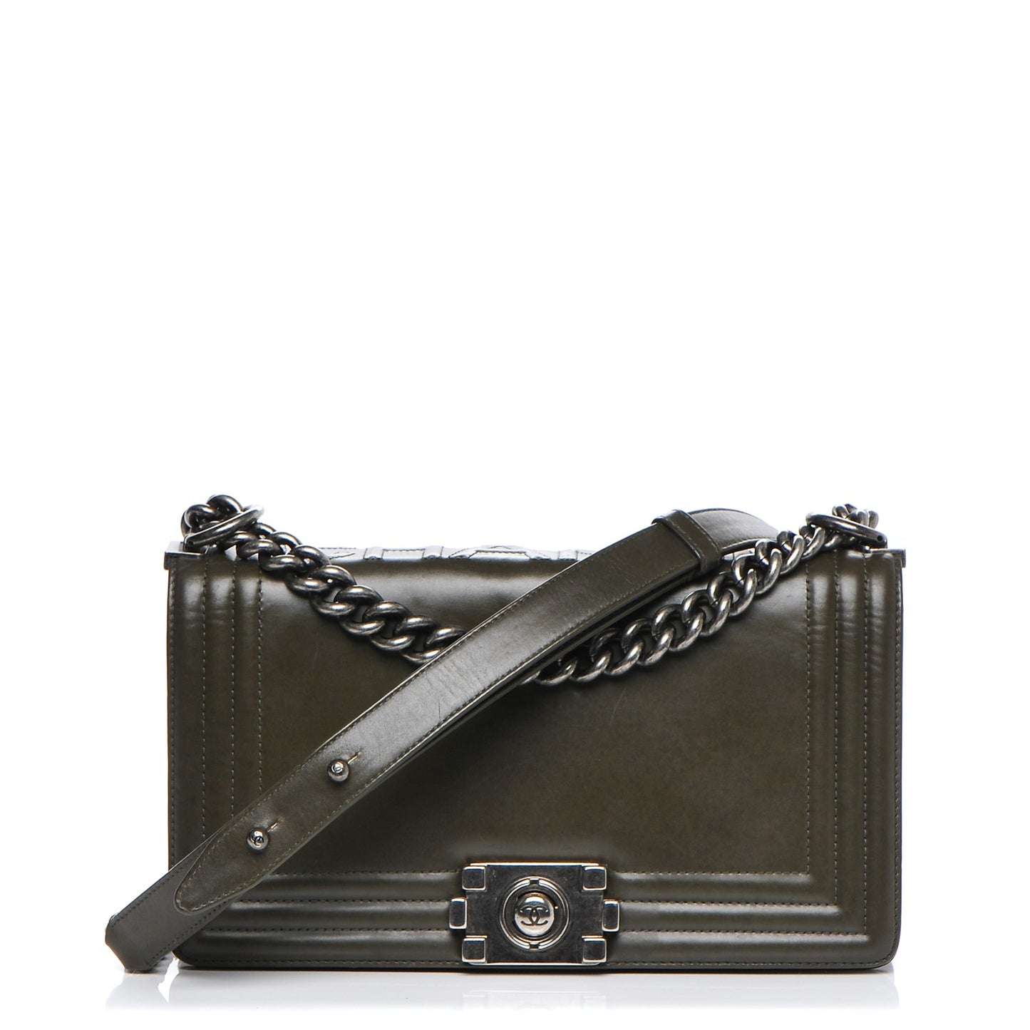 Glazed Calfskin Medium Boy Flap Dark Green