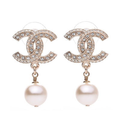 Chanel Crystal Pearl CC Drop Earrings Gold 1 of 5