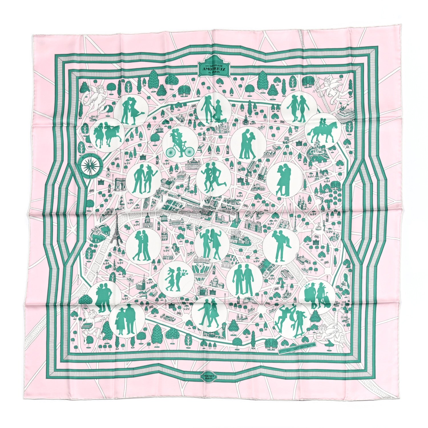 Hermes Silk Les Nouveaux Amoureux de Paris Scarf 90 Rose Pale Menthol 1 of 5