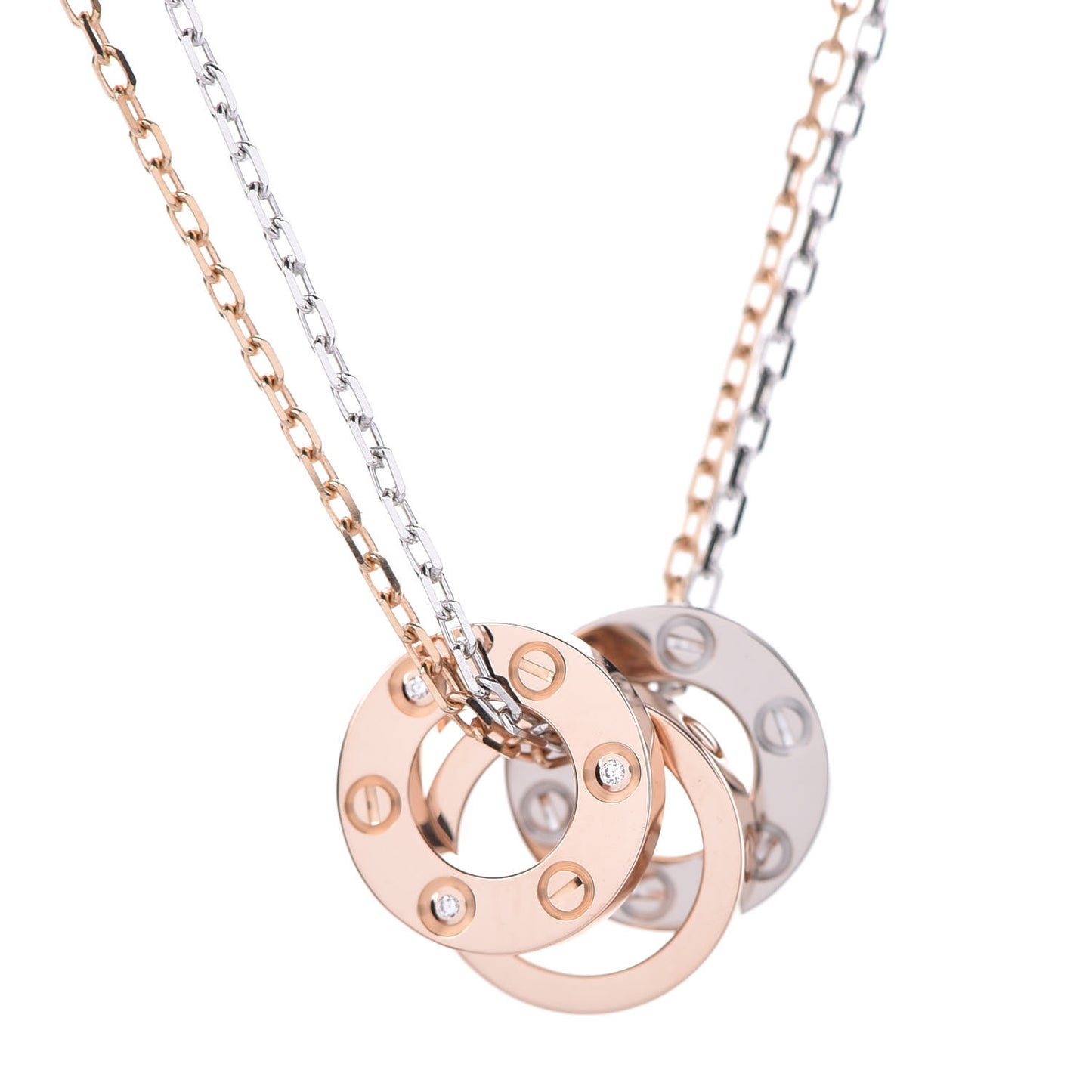 18K White Pink Gold Diamond Three Ring LOVE Pendant Necklace
