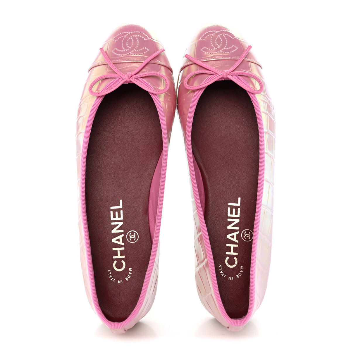 Iridescent Calfskin Crocodile Embossed Ballerina Flats  35.5 Pink