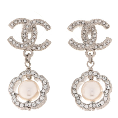 Chanel Crystal Pearl Camellia CC Coco Flapper Drop Earrings Silver 1 of 5