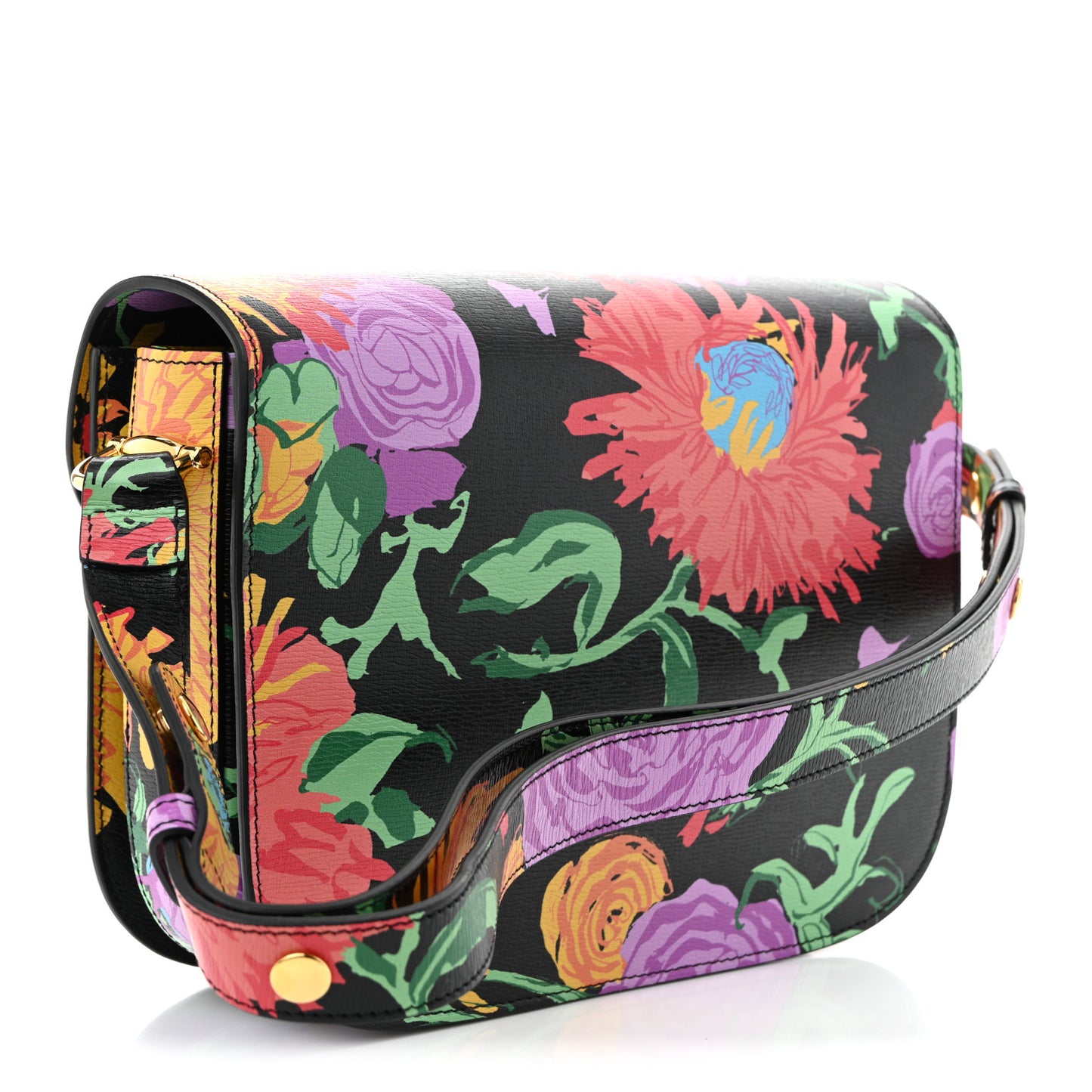 X KEN SCOTT New Shangai Calfskin Jenny Floral Print Horsebit 1955 Shoulder Bag Black Pink