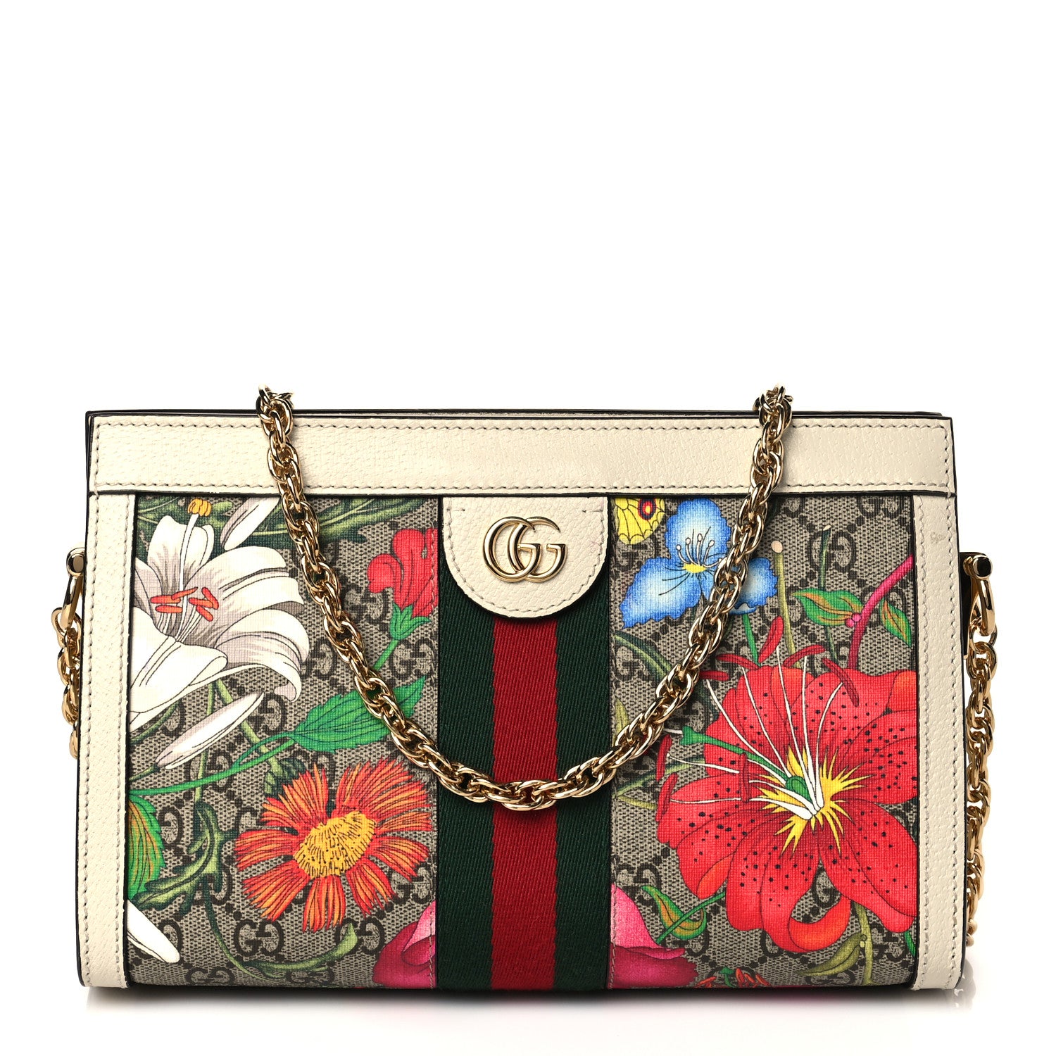 Gucci GG Supreme Monogram Flora Web Small Ophidia Chain Shoulder Bag White 1 of 12