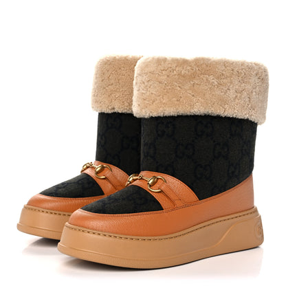 Gucci Covered Wool Monogram Textured Dollar Calfskin Shearling Horsebit Snow Boots 39.5 Underwood Blue Hazel Brown 3 of 10