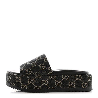 Gucci Jacquard Black Denim GG Monogram Angelina Platform 55mm Slide Sandals 36 Black Ivory 1 of 10