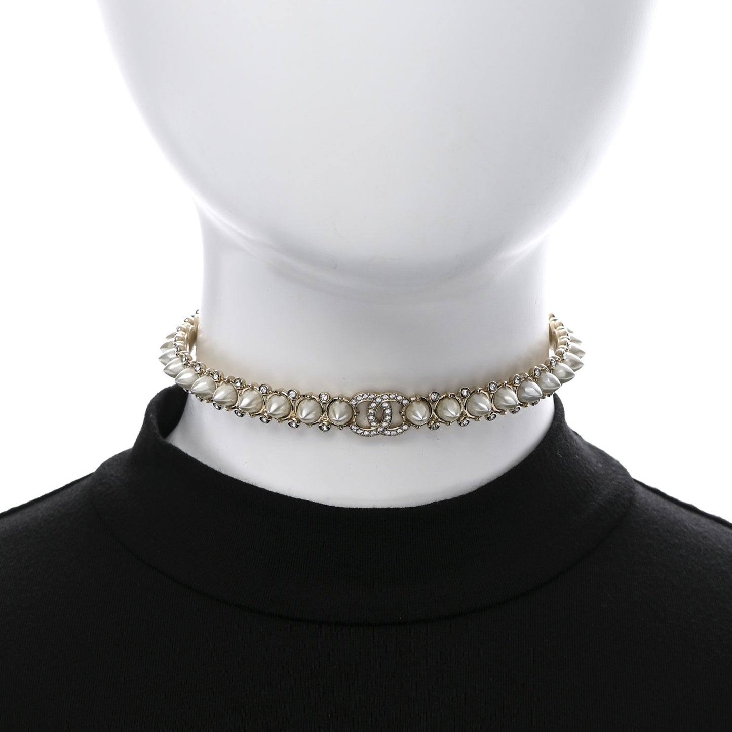 Spike Pearl Crystal CC Choker Necklace Gold Pearly White