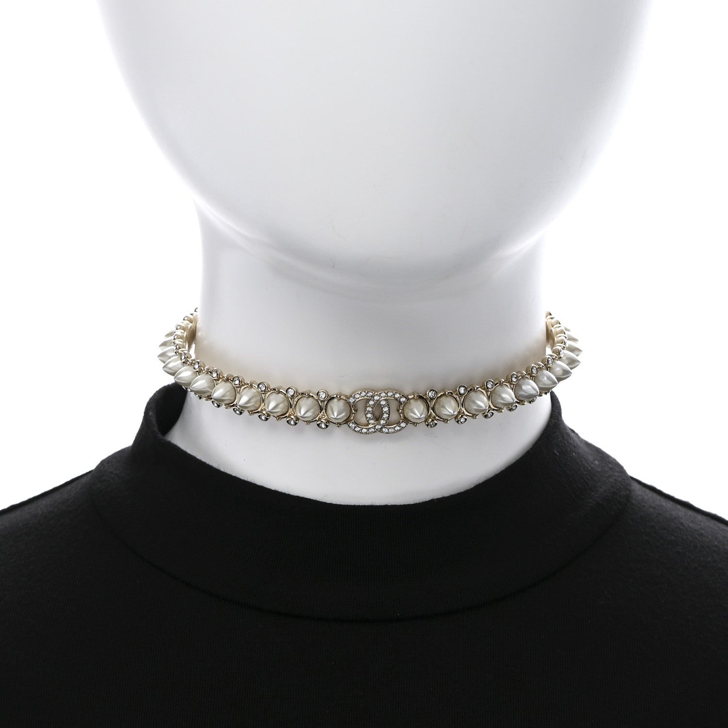 Chanel Spike Pearl Crystal CC Choker Necklace Gold Pearly White 2 of 6