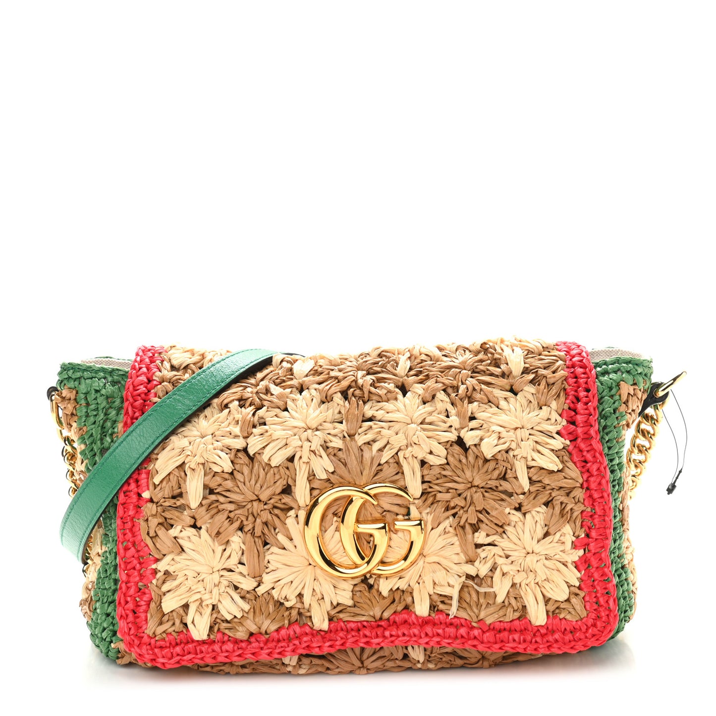 Raffia Azalea Calfskin Crochet Flower Small GG Marmont Shoulder Bag Natural Ecru Green Red New Shamarock