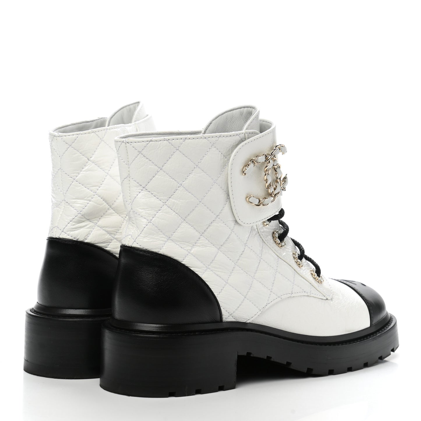 Shiny Goatskin Calfskin Quilted Lace Up Combat Boots 38.5 White Black