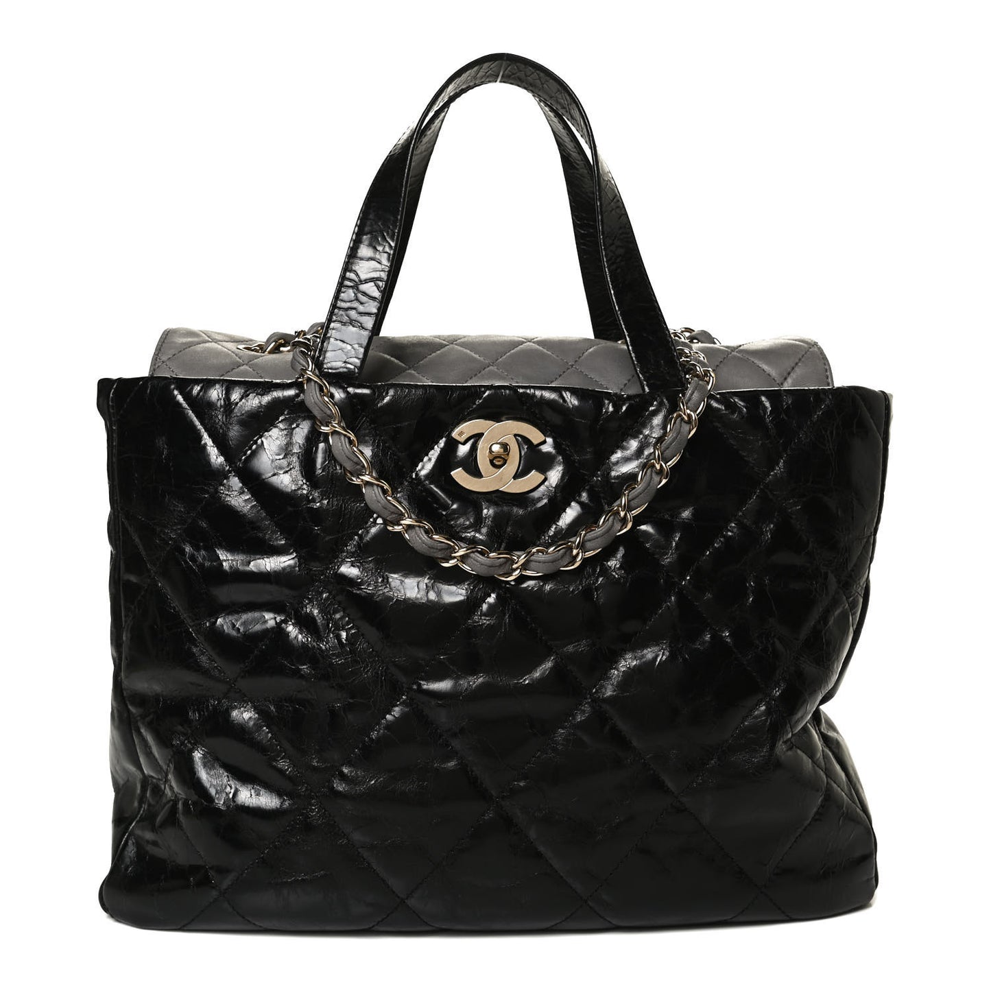 Glazed Calfskin Lambskin Quilted Portobello Tote Black Grey