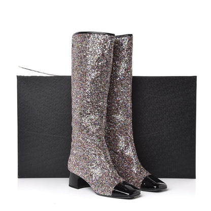 Chanel Glitter Patent Calfskin Cap Toe Fantasy High Boots 40 Multicolor Black 9 of 9