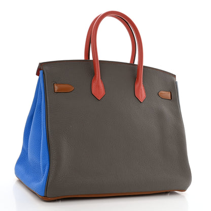 Hermes Taurillon Clemence Arlequin Birkin 35 Orange Sanguine Gold Bleu Lin Bleu Hydra Etain 3 of 14