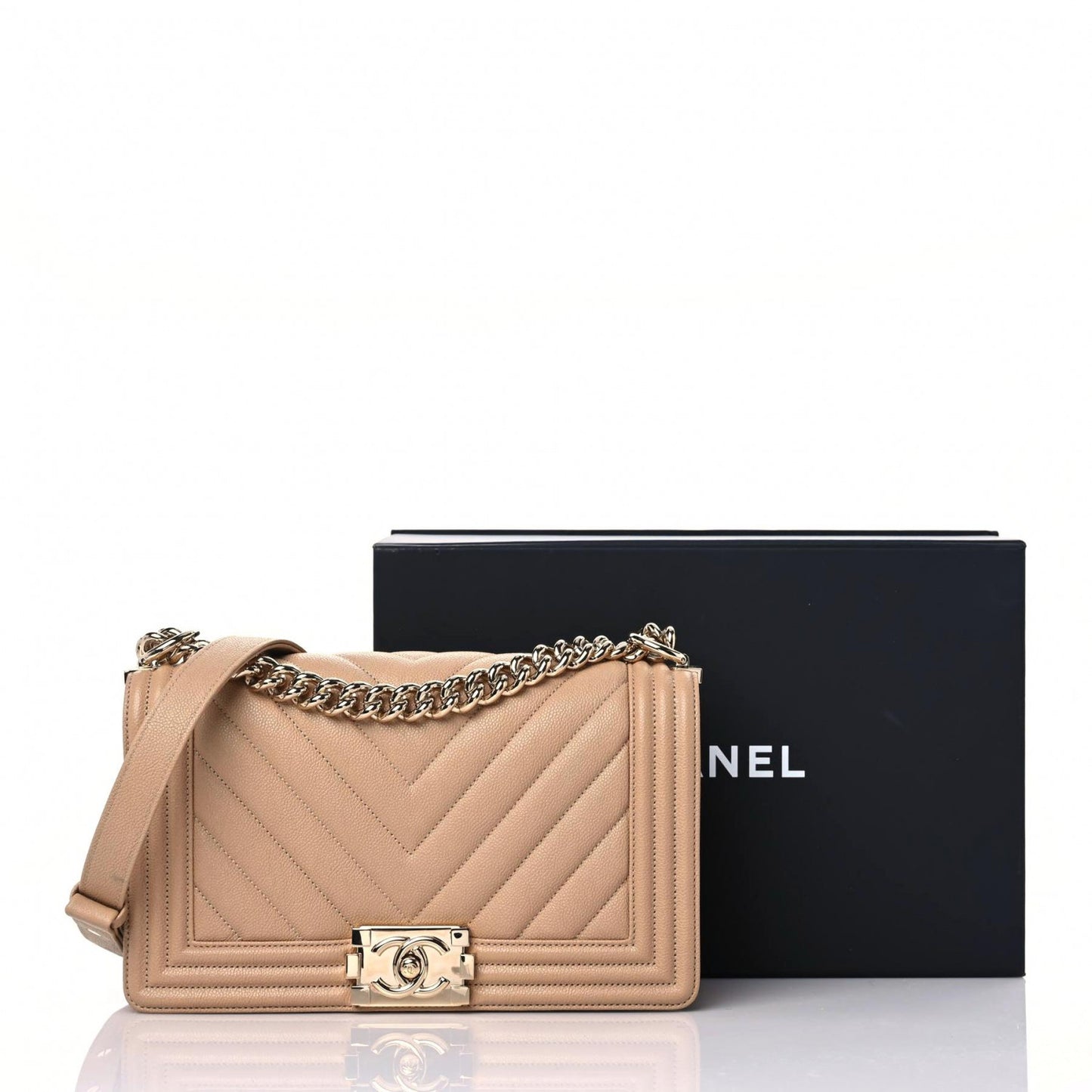 Caviar Chevron Quilted Medium Boy Flap Dark Beige