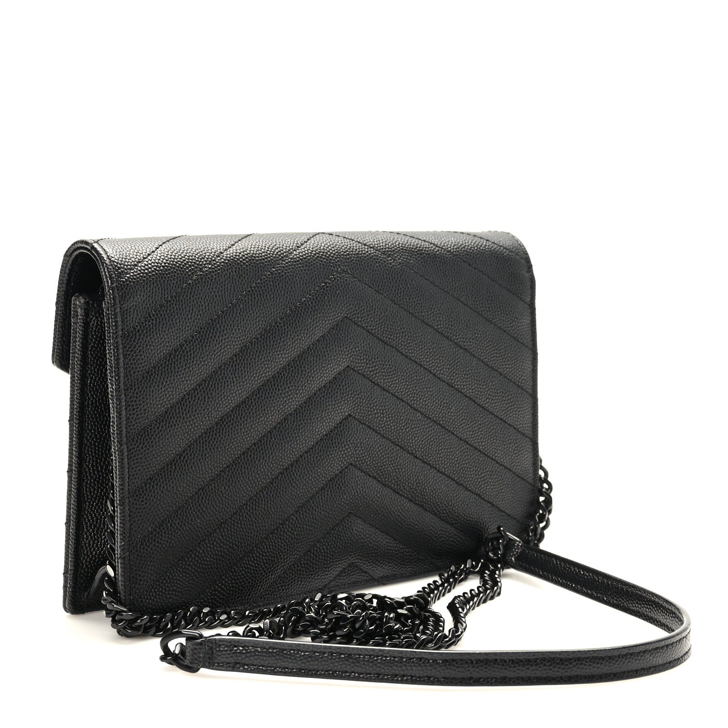 Saint Laurent Grain De Poudre Matelasse Chevron Monogram Monochrome Envelope Chain Wallet Black 3 of 10