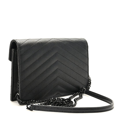 Saint Laurent Grain De Poudre Matelasse Chevron Monogram Monochrome Envelope Chain Wallet Black 3 of 10